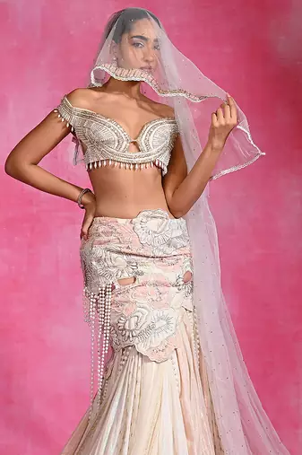 Ivory Embroidered Georgette Crepe Mermaid Lehenga Set