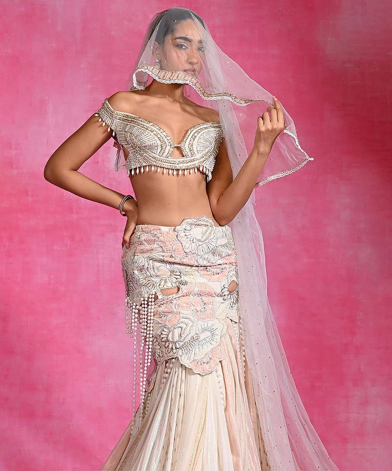Ivory Embroidered Georgette Crepe Mermaid Lehenga Set