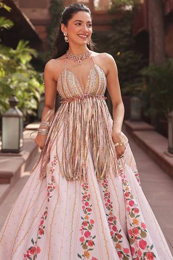 Ivory Floral Printed Crepe Lehenga Set