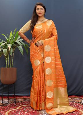 Rust orange banarasi silk blend saree with zari buta & rich pallu 2