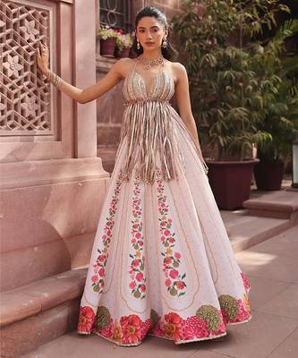 Ivory Floral Printed Crepe Lehenga Set 2