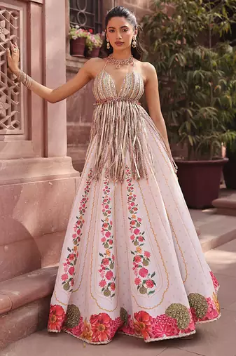 Ivory Floral Printed Crepe Lehenga Set