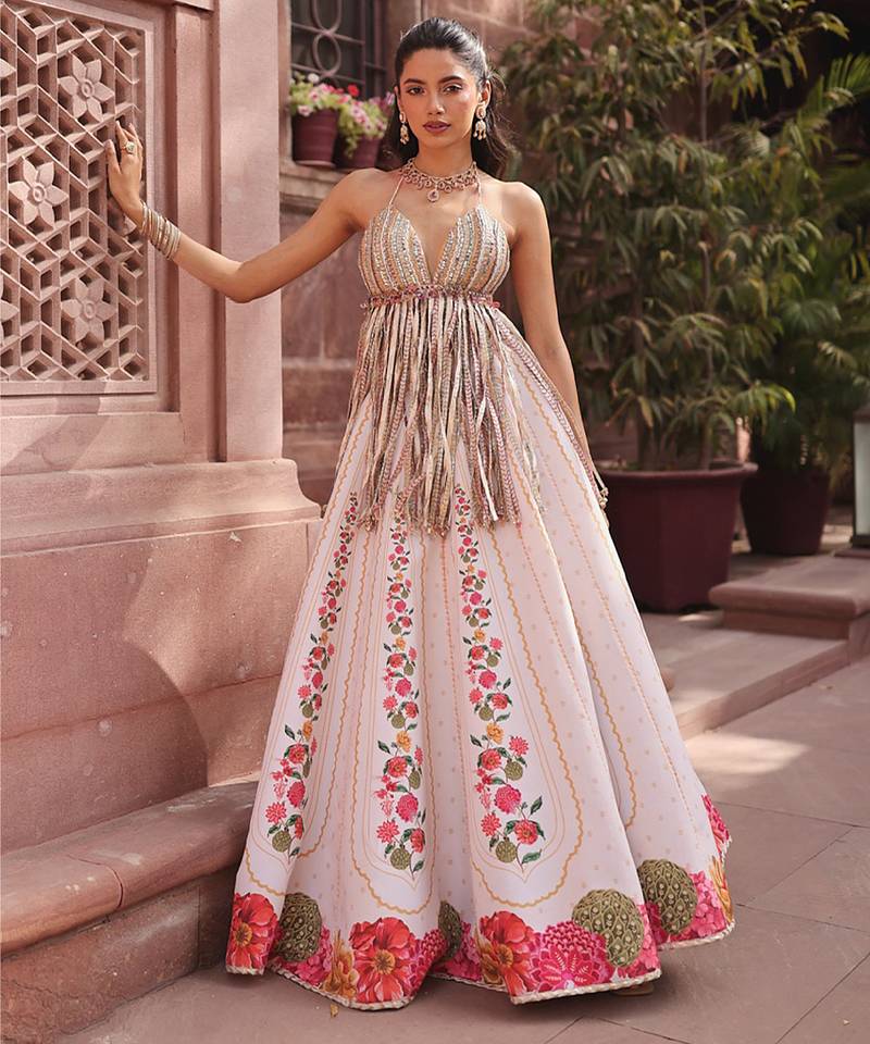 Ivory Floral Printed Crepe Lehenga Set