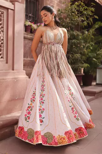 Ivory Floral Printed Crepe Lehenga Set
