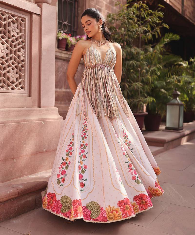Ivory Floral Printed Crepe Lehenga Set