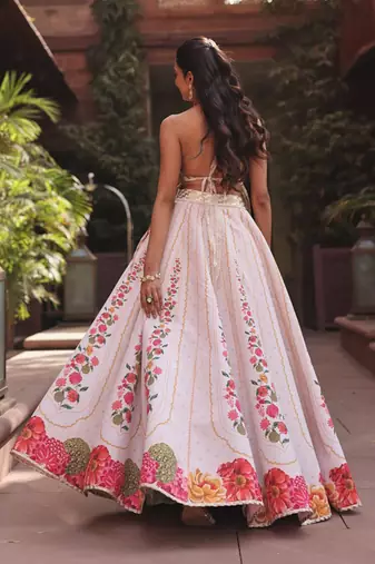Ivory Floral Printed Crepe Lehenga Set
