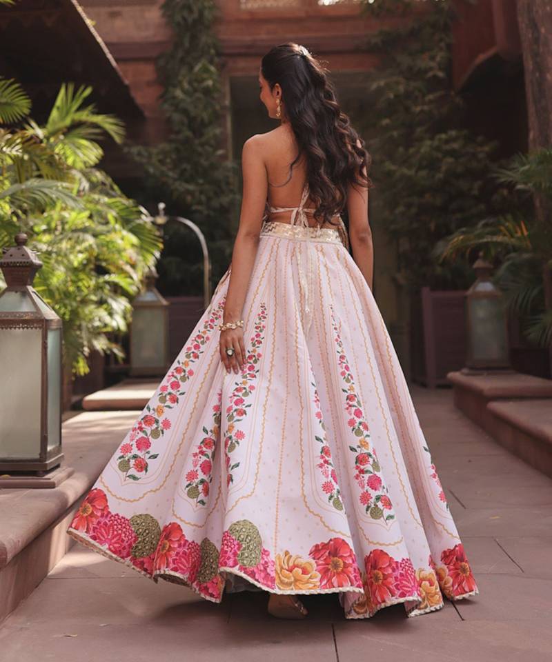 Ivory Floral Printed Crepe Lehenga Set