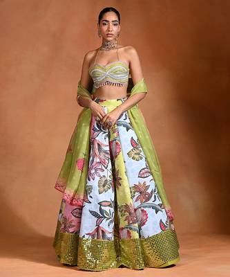 Lime Green Floral Printed Crepe Organza Lehenga Set 1