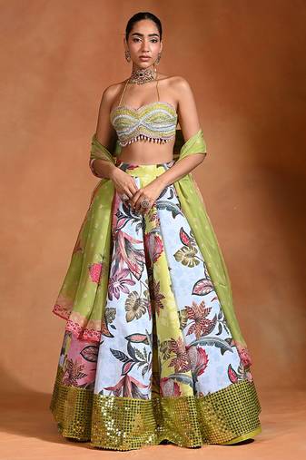 Lime Green Floral Printed Crepe Organza Lehenga Set
