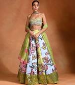 Lime Green Floral Printed Crepe Organza Lehenga Set