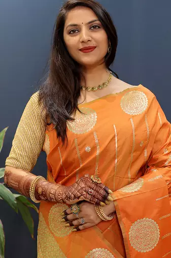 Rust orange banarasi silk blend saree with zari buta & rich pallu