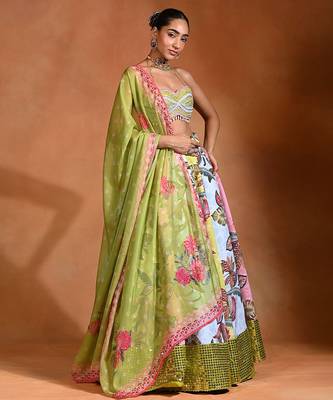 Lime Green Floral Printed Crepe Organza Lehenga Set 2