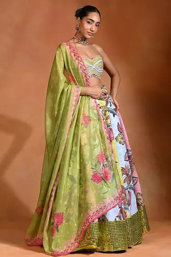 Lime Green Floral Printed Crepe Organza Lehenga Set