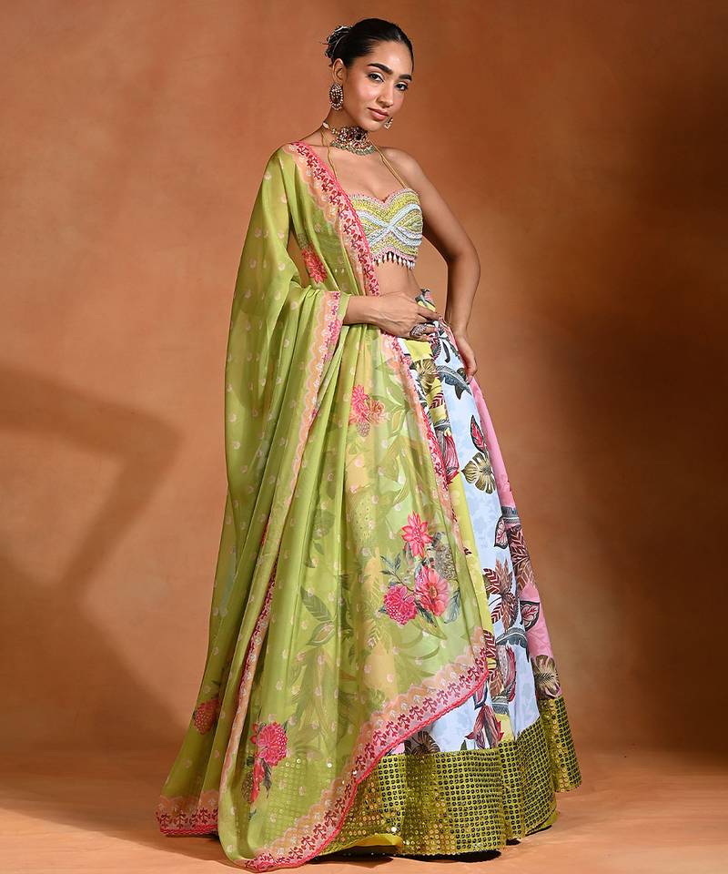 Lime Green Floral Printed Crepe Organza Lehenga Set