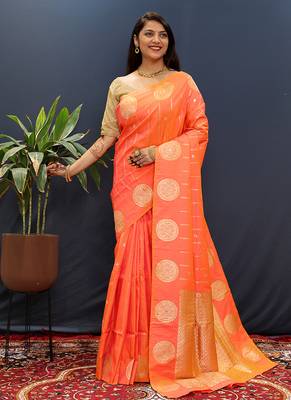 Peach pink banarasi silk blend saree with zari buta & rich pallu 1