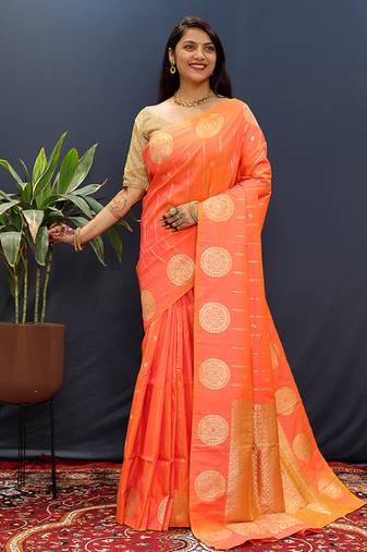 Peach pink banarasi silk blend saree with zari buta & rich pallu
