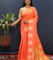 Peach pink banarasi silk blend saree with zari buta & rich pallu