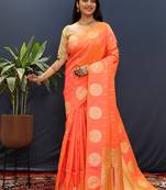 Peach pink banarasi silk blend saree with zari buta & rich pallu