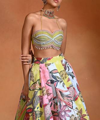 Lime Green Floral Printed Crepe Organza Lehenga Set 3