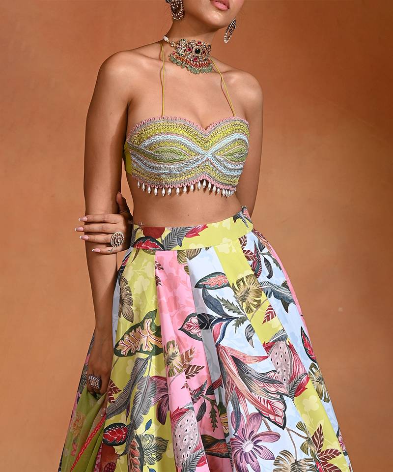 Lime Green Floral Printed Crepe Organza Lehenga Set