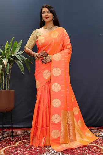 Peach pink banarasi silk blend saree with zari buta & rich pallu