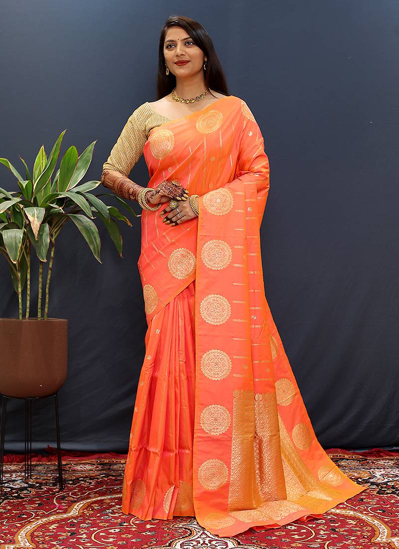 Peach pink banarasi silk blend saree with zari buta & rich pallu