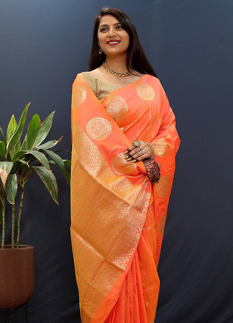 Peach pink banarasi silk blend saree with zari buta & rich pallu