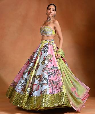 Lime Green Floral Printed Crepe Organza Lehenga Set 4