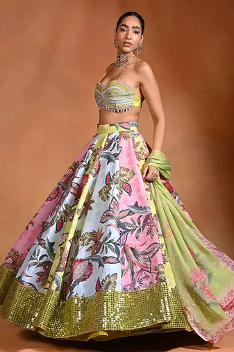 Lime Green Floral Printed Crepe Organza Lehenga Set