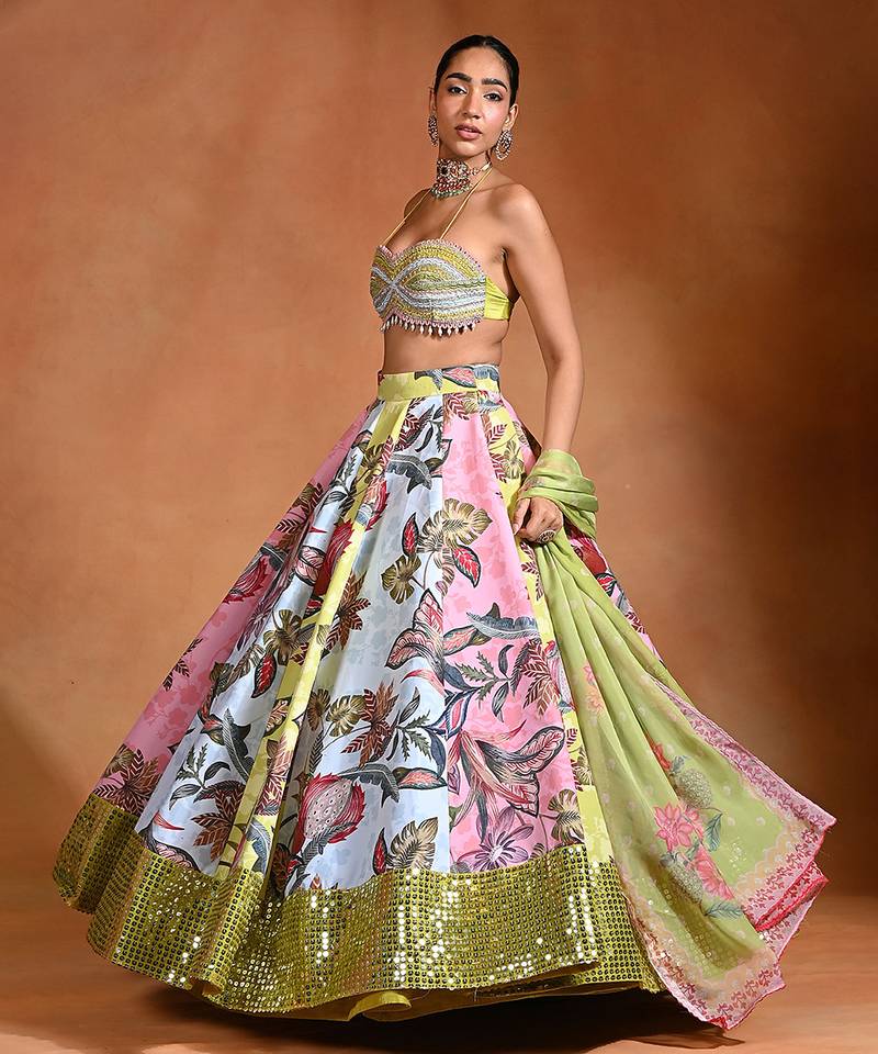 Lime Green Floral Printed Crepe Organza Lehenga Set