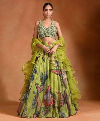 Lime Green Floral Printed Organza Lehenga Set 1