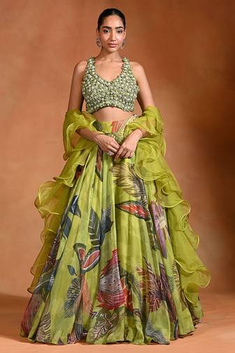 Lime Green Floral Printed Organza Lehenga Set