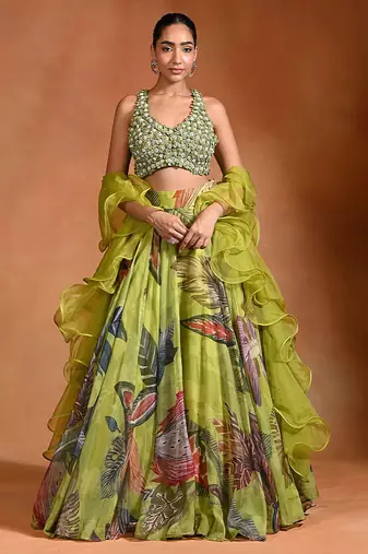 Lime Green Floral Printed Organza Lehenga Set