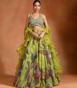Lime Green Floral Printed Organza Lehenga Set