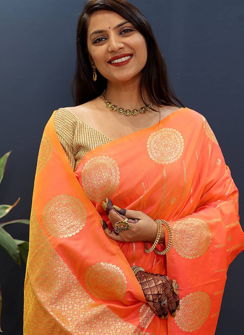 Peach pink banarasi silk blend saree with zari buta & rich pallu
