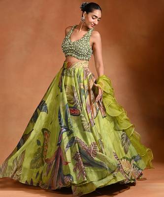 Lime Green Floral Printed Organza Lehenga Set 2