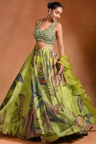 Lime Green Floral Printed Organza Lehenga Set