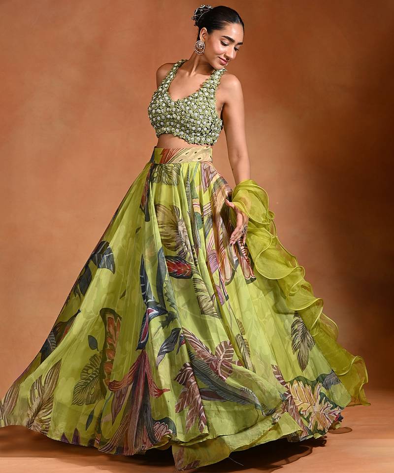 Lime Green Floral Printed Organza Lehenga Set