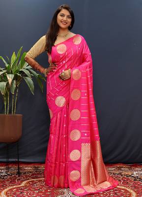 Rani pink banarasi silk blend saree with zari buta & rich pallu 1
