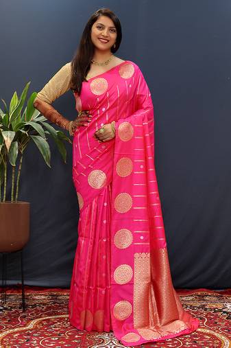 Rani pink banarasi silk blend saree with zari buta & rich pallu