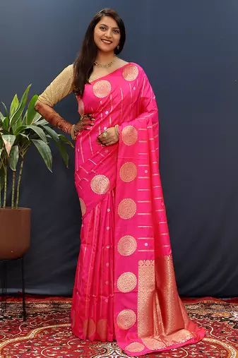 Rani pink banarasi silk blend saree with zari buta & rich pallu