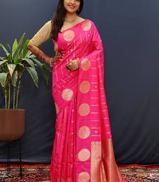 Rani pink banarasi silk blend saree with zari buta & rich pallu