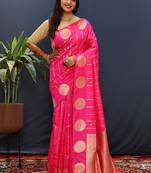 Rani pink banarasi silk blend saree with zari buta & rich pallu