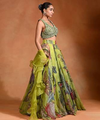 Lime Green Floral Printed Organza Lehenga Set 3