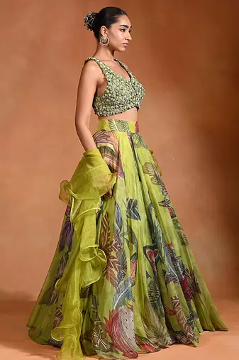 Lime Green Floral Printed Organza Lehenga Set
