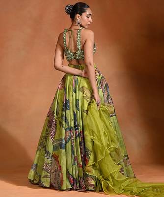 Lime Green Floral Printed Organza Lehenga Set 4