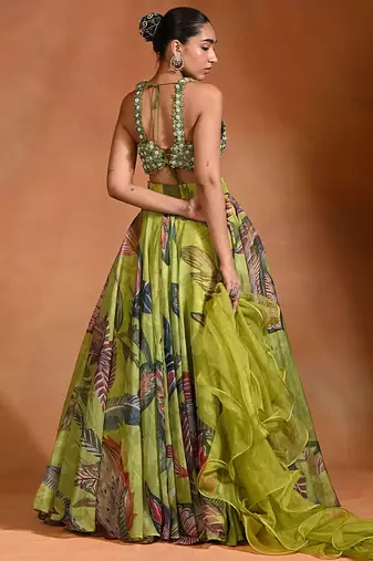 Lime Green Floral Printed Organza Lehenga Set