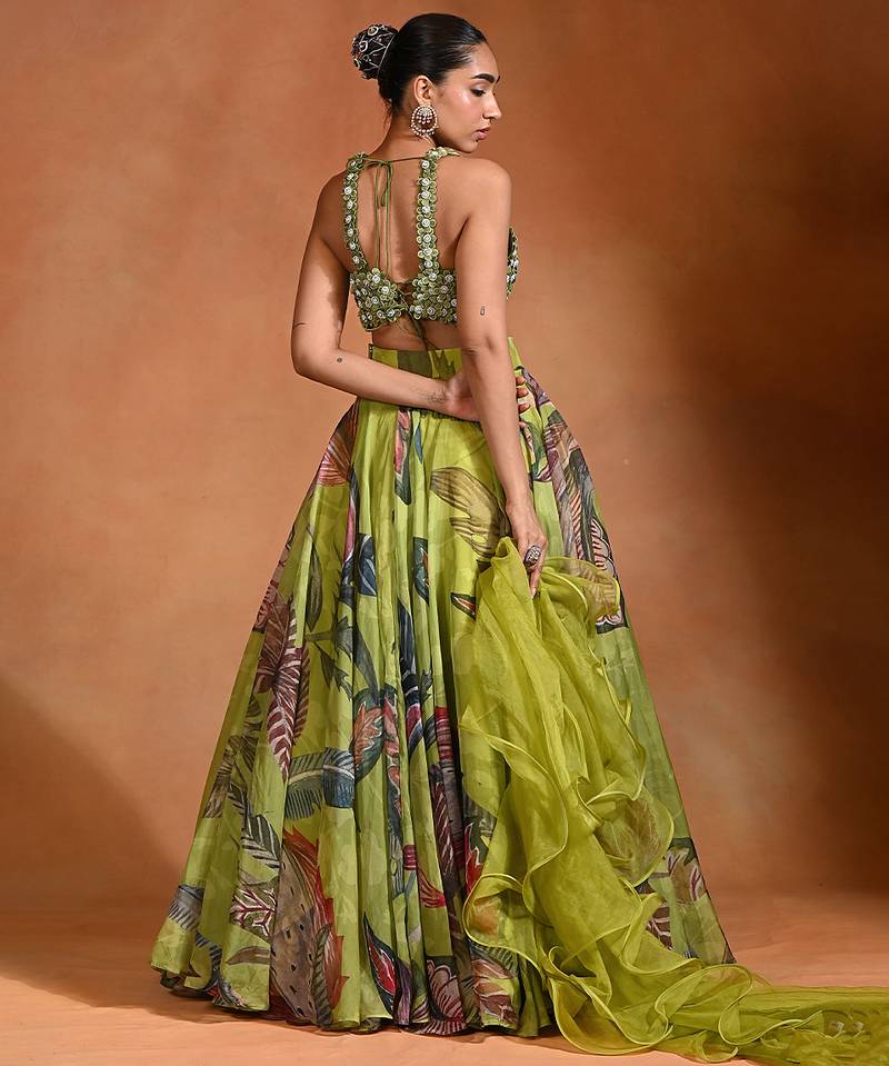 Lime Green Floral Printed Organza Lehenga Set