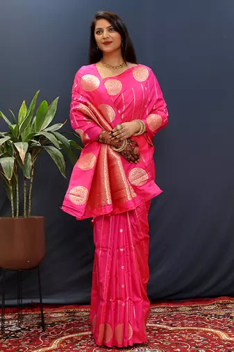 Rani pink banarasi silk blend saree with zari buta & rich pallu
