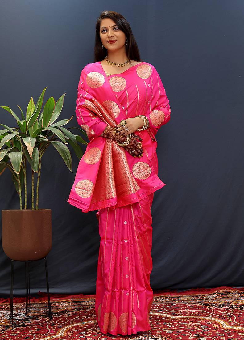 Rani pink banarasi silk blend saree with zari buta & rich pallu